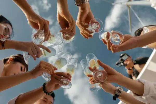 Raised glasses cheering at a social event, photographed from below
