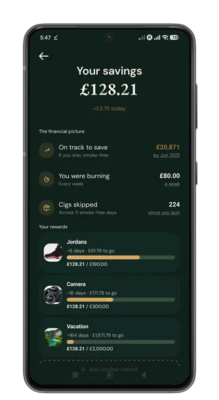 Quit It savings screen showing money saved and photo rewards with progress bars