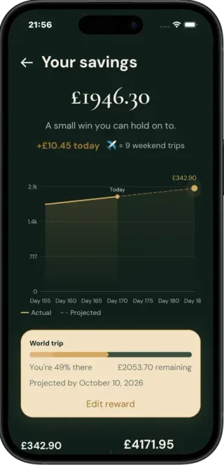 Quit It savings screen with live counter, projections, and reward goal