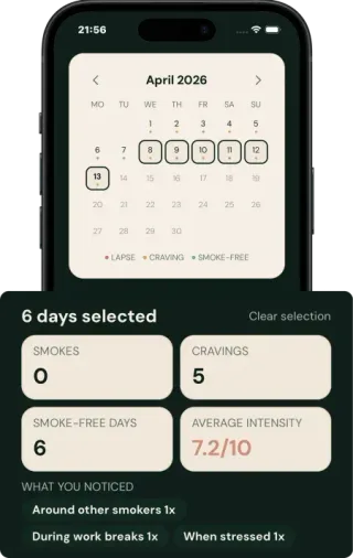Quit It calendar view with date-range selection and craving pattern insights