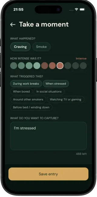 Quit It craving log screen with intensity scale, trigger selector, and note field