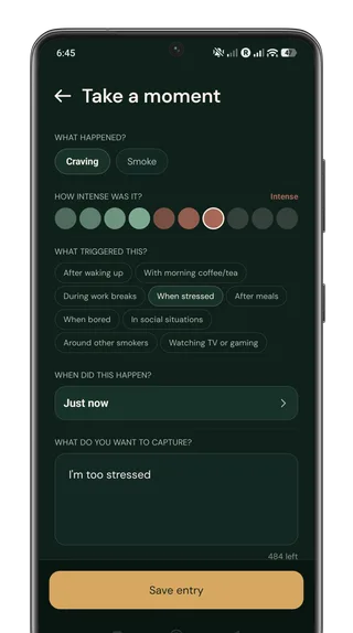 Quit It Take a moment screen for logging a craving or smoke with intensity, trigger, and note