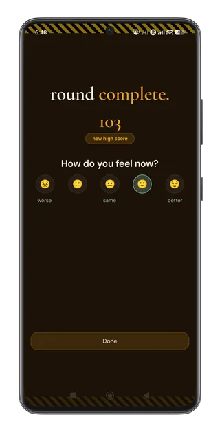 Quit It Whack-a-Craving round complete screen asking how you feel now
