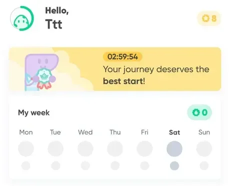 Top of Kwit's home screen, with a countdown upgrade offer reading "Your journey deserves the best start!" above a weekly streak