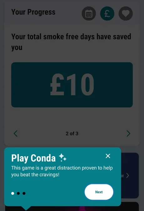 NHS Quit Smoking progress screen showing £10 saved, partly covered by a pop-up introducing the Conda craving game