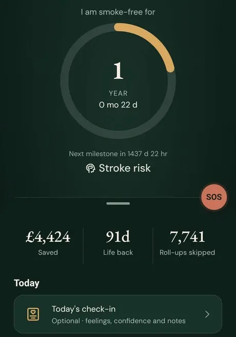 Quit It home screen showing a year smoke-free, the next health milestone, money saved, life regained, roll-ups skipped, an SOS button and an optional daily check-in