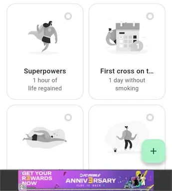 QuitNow's achievements screen, with milestone cards above a banner ad for a mobile game