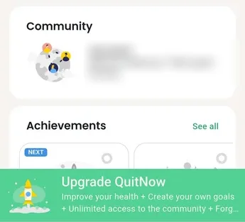 QuitNow's home screen, with the community feed and achievements above an Upgrade QuitNow banner