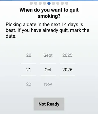 quitSTART asking when you want to quit smoking, advising that a date in the next 14 days is best, with a date picker and a Not Ready button