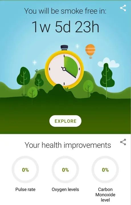 Smoke Free dashboard counting down to the quit date, with pulse rate, oxygen levels and carbon monoxide level all at 0%